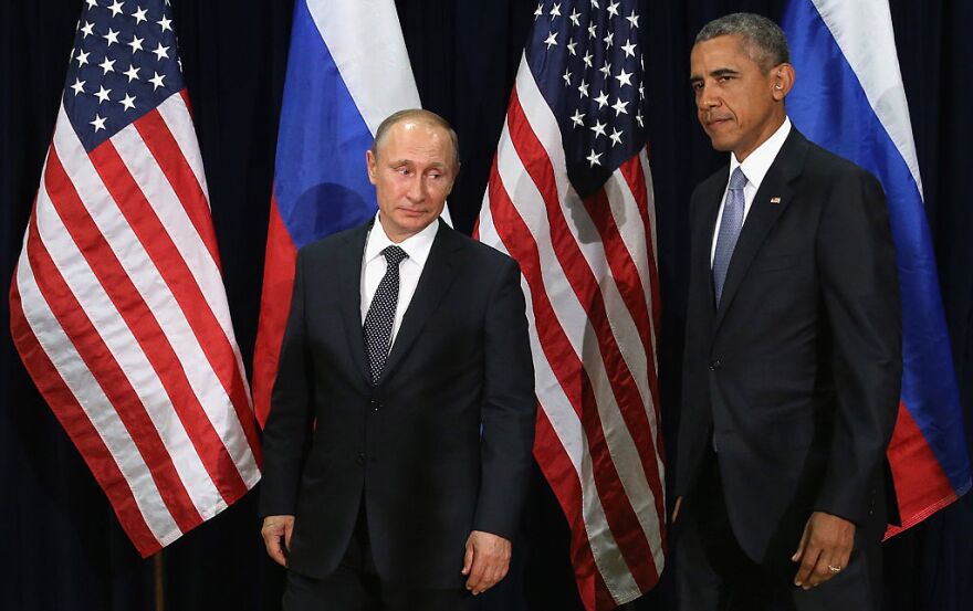 Russian President Vladimir Putin and President Barack Obama pose for photographs before the start of a bilateral meeting at the United Nations headquarters on Sept. 28, 2015, in New York City.