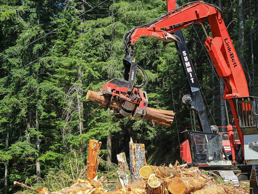 A harvester crane processes a log on a thinning project in the Mount Baker-Snoqualmie National Forest. The project was led by the Washington State Department of Natural Resources, the result of growing efforts by state agencies to conduct work on federal land. President Donald Trump’s plans to increase logging on federal lands will depend heavily on states’ cooperation, experts say