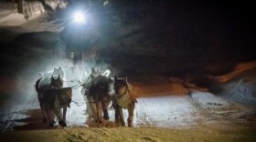 Yukon Quest frontrunner Josi Shelley and her team charge up a hill to the checkpoint at the Rampart School on Feb. 13, 2026.