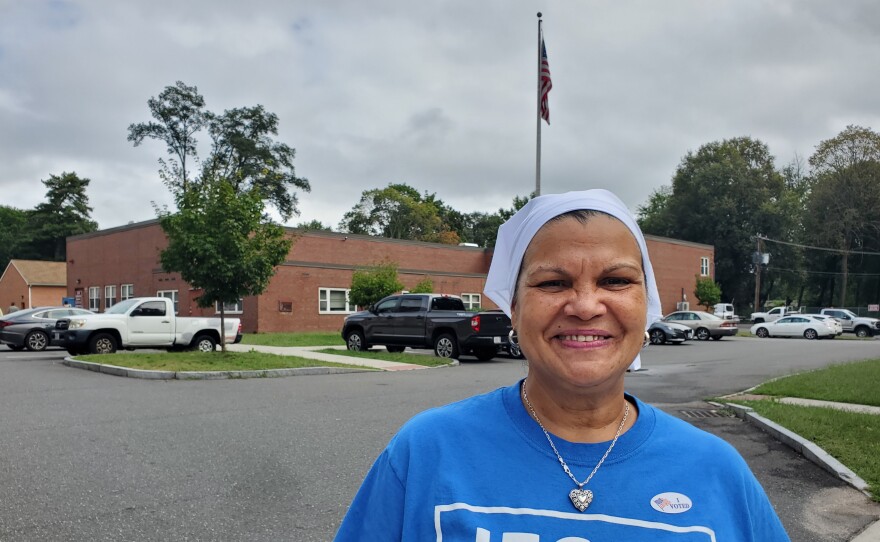 Juana Girona cast her vote as soon as the polls opened at 7 a.m. in Springfield, Massachusetts, on Sept. 12, 2023. 