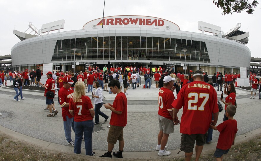 Kansas City Chiefs fans gather outside Arrowhead Stadium before a NFL football game against the Oakland Raiders Sunday, Sept. 20, 2009 in Kansas City, Mo. Voter rejection of a stadium sales tax plan for the Kansas City Royals and Chiefs has raised questions about what happens next. (AP Photo/Ed Zurga, File)