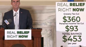 Oklahoma Gov. Kevin Stitt announces his line-item veto of the state budget on Thursday, May 26, 2022.