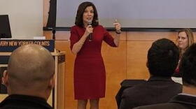 Lieutenant Governor Kathy Hochul speaks to guests at a gathering at Buffalo State College, where information was shared about conducting the upcoming 2020 Census. CREDIT MICHAEL MROZIAK, WBFO