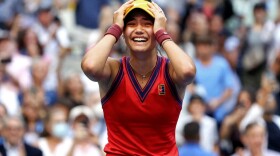 Emma Raducanu of Great Britain celebrates winning match point to defeat Leylah Annie Fernandez of Canada during the second set of their Women's Singles final match of the 2021 U.S. Open. (Elsa/Getty Images)