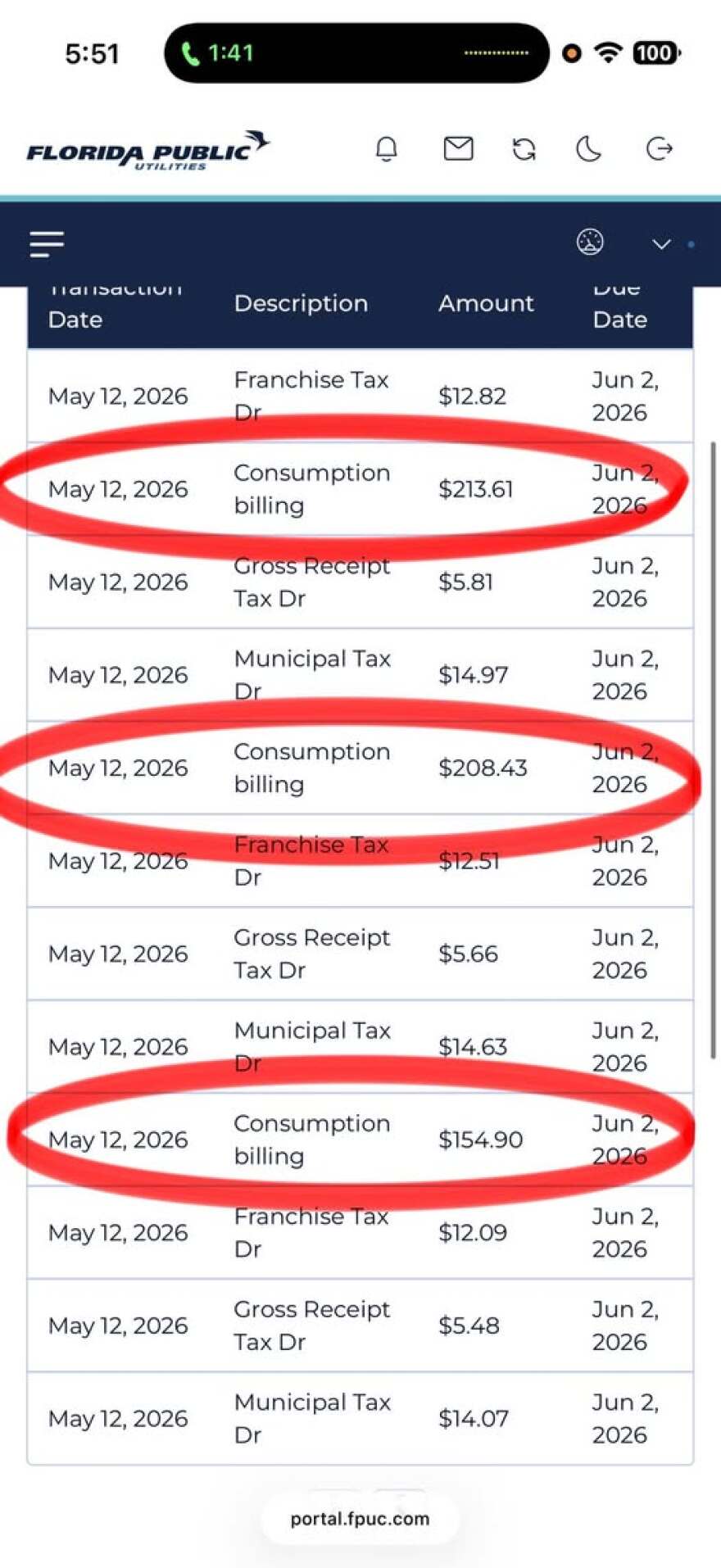 A screenshot of customer Amalia Nuccio billing with Florida Public Utilities, showing that she was charged three times for one electric month.