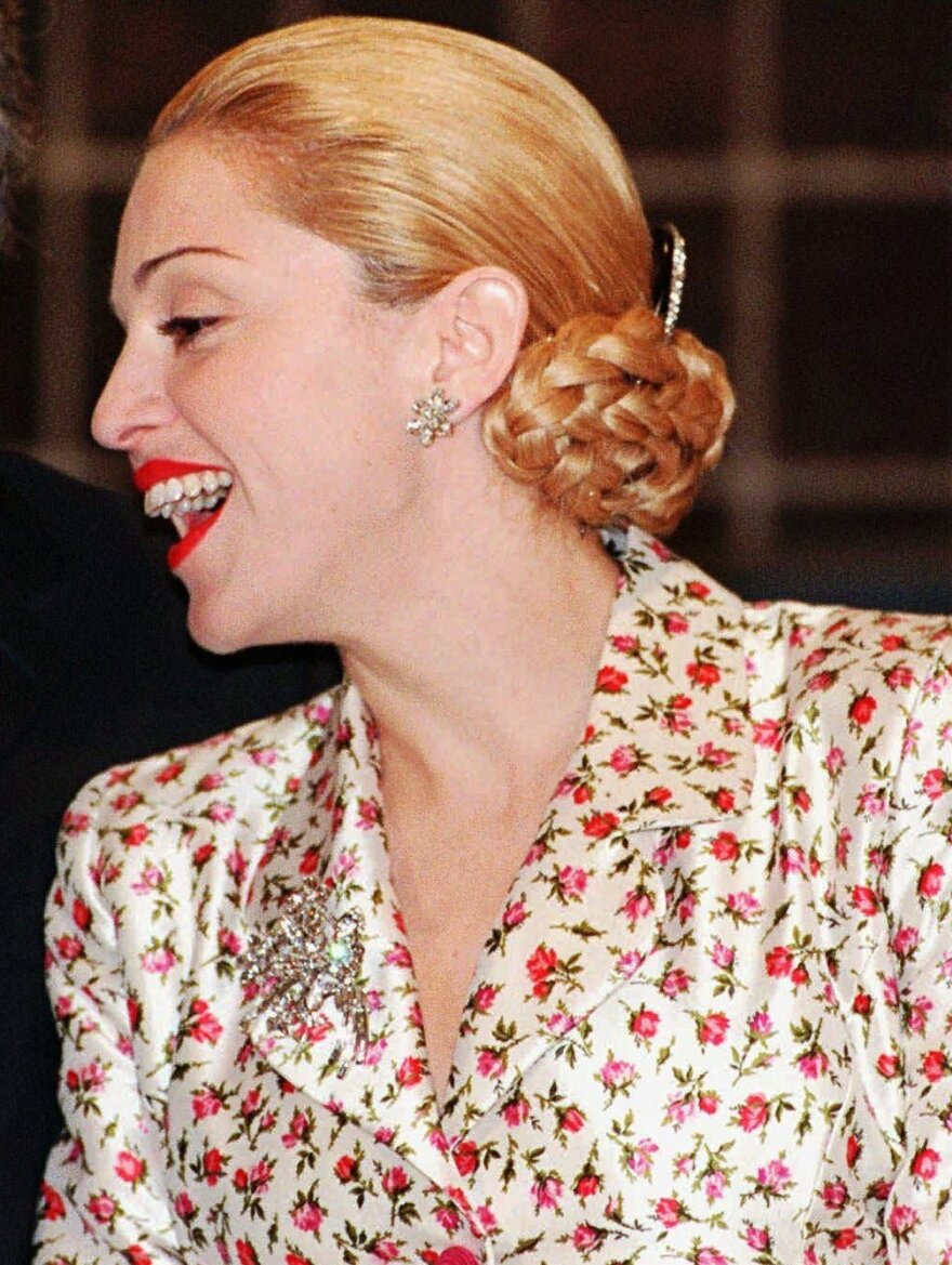 Madonna on a press tour before filming of <em>Evita</em> began in 1996.