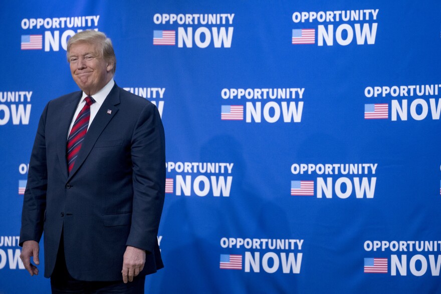 President Donald Trump appears at an Opportunity Zone conference with State, local, tribal, and community leaders South Court Auditorium of the Eisenhower Executive Office Building, on the White House complex, Wednesday, April 17, 2019, in Washington. (AP Photo/Andrew Harnik)