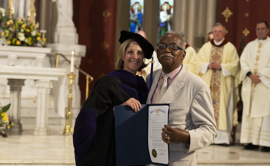 Judge Calvin Johnson holds formal apology from the state of Louisiana with Dean Madeleine Landrieu