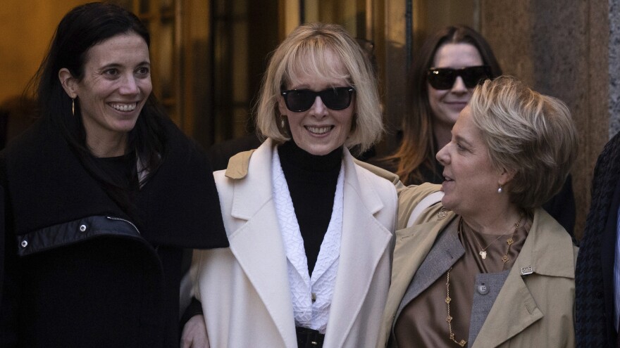 E. Jean Carroll leaves a New York court on Friday after a jury order former President Donald Trump $83.3 million for defaming her.