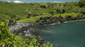 FILE - People spend time on the black sand beach at Waiʻānapanapa State Park in Hāna, Hawaiʻi. (AP Photo/Marco Garcia, File)