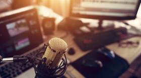 Condenser microphone golden in the studio recording creating the sound effect for the content creator