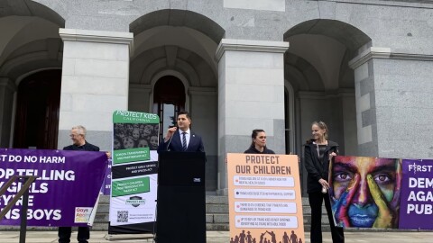 Assembly member Bill Essayli speaks at a press conference announcing a planned lawsuit against state Attorney General Rob Bonta on the steps of the California Capitol on Jan 3, 2024.