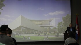 A conceptual image of what a new convention and event center for downtown Springfield could look like (photo taken March 19, 2026).