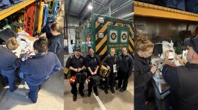 Three separate pictures are placed next to each other in the feature image. The right and left are EMS workers examining units of blood cells and plasma. The center is all of the workers standing together smiling in behind an ambulance. 