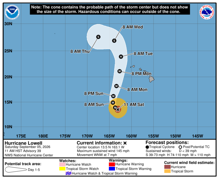 This graphic shows the predicted path of the center of Hurricane Lowell as of 11 a.m. Saturday. The National Hurricane Center says the effects of a hurricane can span many hundreds of miles from the center.