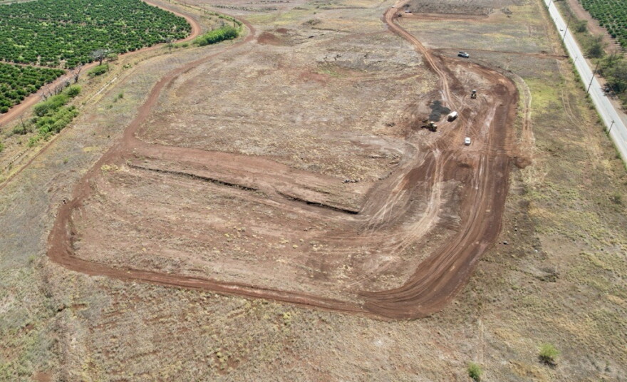 An aerial view of the progress on the central Maui lot that will be temporarily used for the Safe Parking Pilot Program. County officials believe it will serve about 50 people, most of whom currently stay along Pūlehu Road.