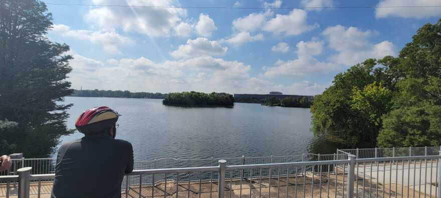 A person with a bike helmet on leans against a railing and looks out at the lake. 