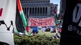 A sign that reads, Gaza Solidarity Encampment, is seen during the Pro-Palestinians protest at the Columbia University campus in New York, Monday April 22, 2024.