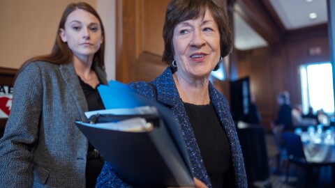 Sen. Susan Collins, R-Maine, chair of the Senate Appropriations Committee, arrives for a closed-door meeting with fellow Republicans at the Capitol in Washington, Tuesday, Dec. 9, 2025.
