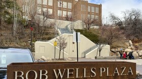 A sign for Bob Wells Plaza below Park City's City Hall in the winter. Taken Jan. 2, 2026. 