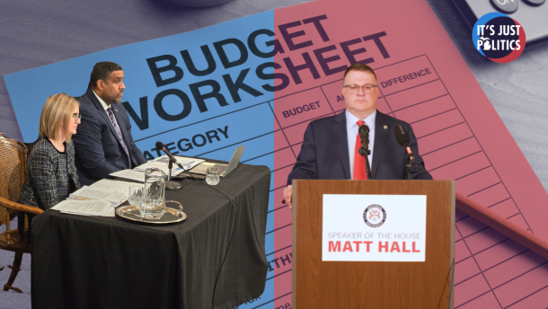 A split graphic shows a blue-and-red “Budget Worksheet” background. On the left, State Budget Director Jen Flood and incoming Department of Technology, Management, and Budget Director Kyle Guerrant sit at a table with microphones, papers, and a laptop during what appears to be a budget hearing. On the right, Michigan House Speaker Matt Hall stands at a podium labeled “Speaker of the House Matt Hall,” speaking into microphones. The “It’s Just Politics” logo appears in the top right corner.