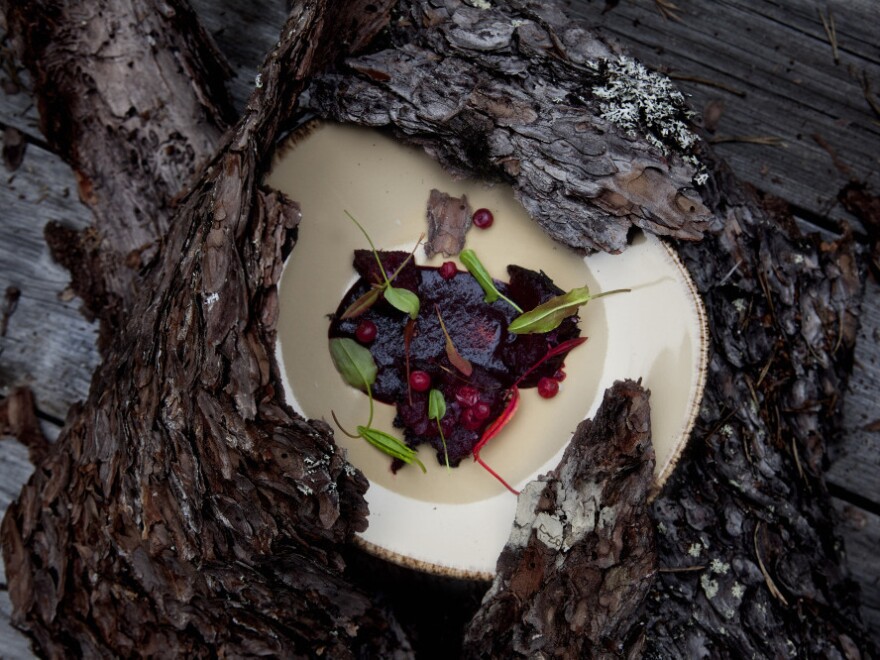 Patterson roasted Lapland beets in a fireplace for six hours, with lingonberries, sheep sorrel, and reindeer blood on a trip to Finland in 2010.