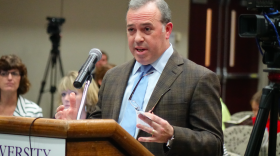 Stuart Udell, the CEO of K12 Inc., the countryâ€™s largest operator of for-profit charter schools, answers questions from members of the Indiana Board of Education during a hearing about the failing Hoosier Academies Virtual School on May 10, 2017 at the University of Evansville.