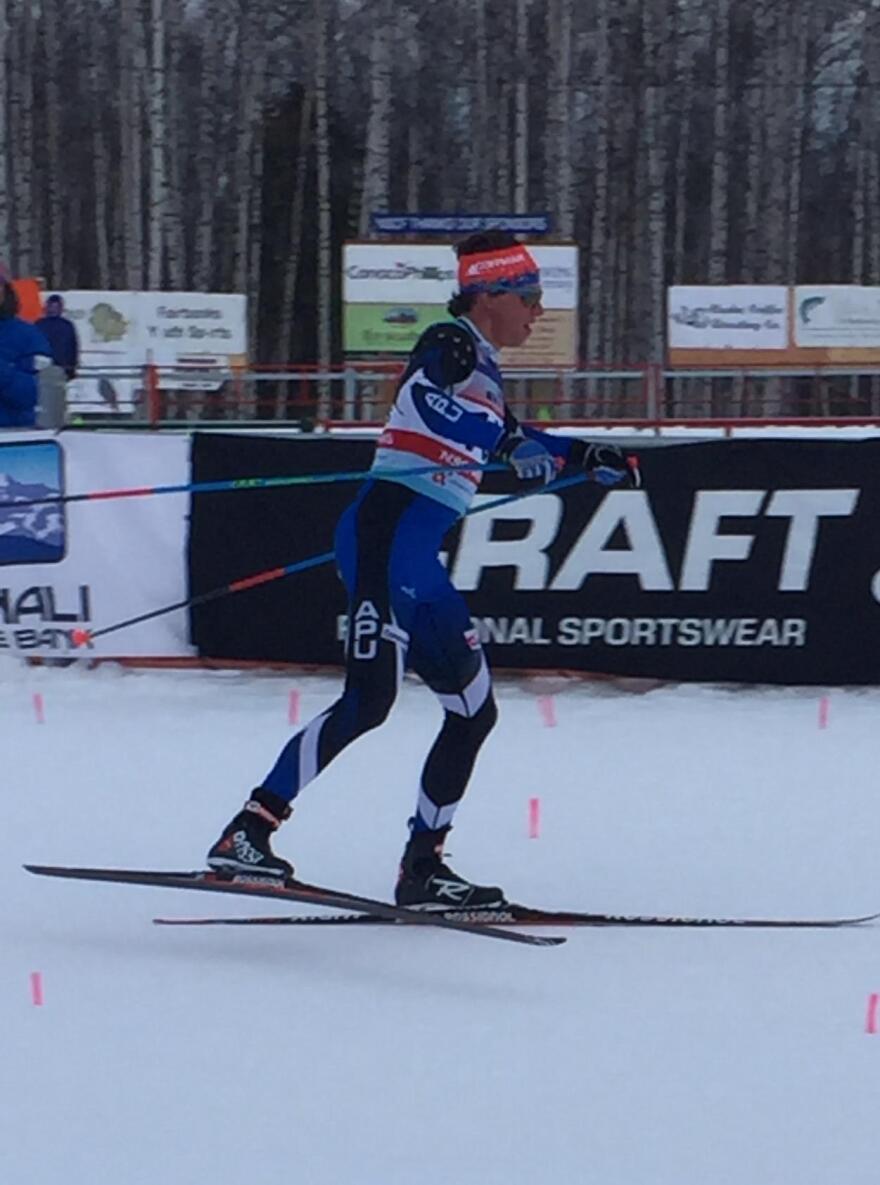 Scott Patterson skates to victory in the men's Super Tour skiathlon Monday night at Birch Hill in Fairbanks. (Photo by Dan Bross, KUAC - Fairbanks)