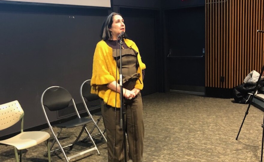 Susanne Perkins of Save Hampshire makes a presentation at the school on February 15, 2019.