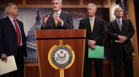 Sen. Lindsey Graham (from left), Sen. Bill Cassidy, Sen. Ron Johnson and Sen. John McCain, all Republicans, announced Thursday that they would not vote for a so-called skinny repeal of the Affordable Care Act without assurances from the House that the bill would go to conference.