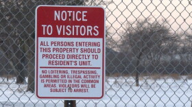 A sign outside the demolished West Calumet Housing Complex in late 2019.