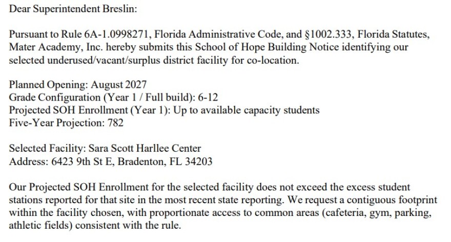 An excerpt of a notice that shows the charter wants to expand to 782 students in five years