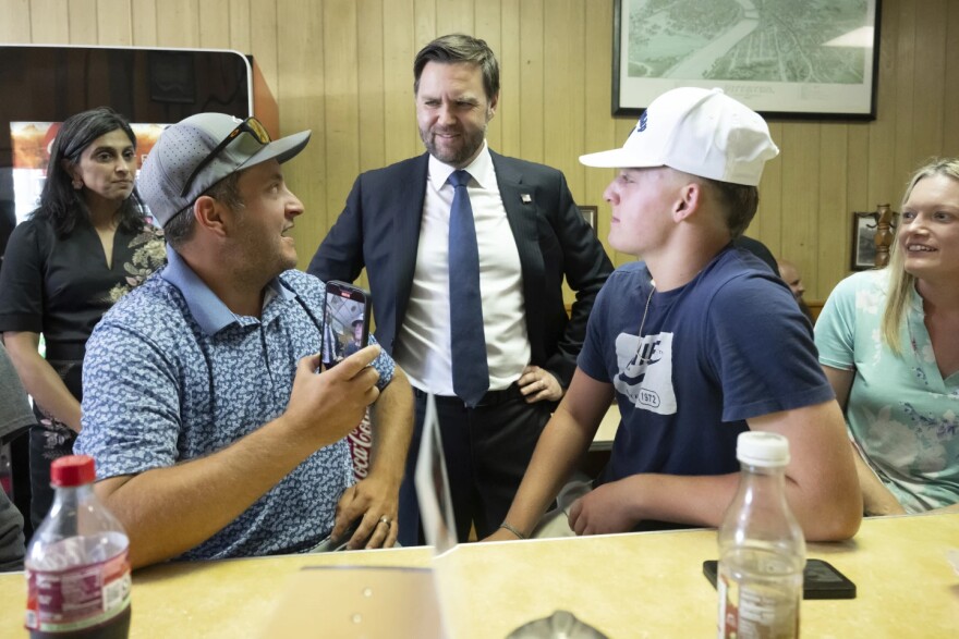 Vice President JD Vance and second lady Usha Vance, left, greet patrons during a surprise stop at the Majestic Lunch diner in Pittston on Wednesday following his speech at Don's Machine Shop in West Pittston.