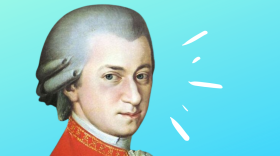 Portrait of Wolfgang Amadeus Mozart on a blue background