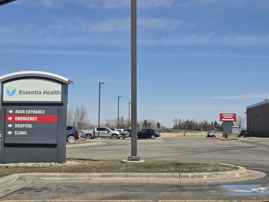 The signs indicating the Essentia Fosston Emergency Room behind the main hospital entrance on April 20, 2026, ahead of an expansion project projected to wrap up by summer 2027.
