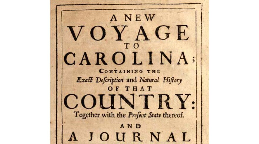 Detail of the title page of A History of Carolina presented to North Carolina in 1831 by James Madison. The book is now part of the collection of the N.C. Museum of History.