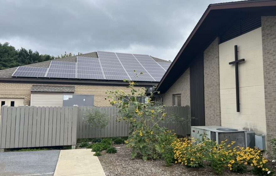 Solar panels on a church roof.