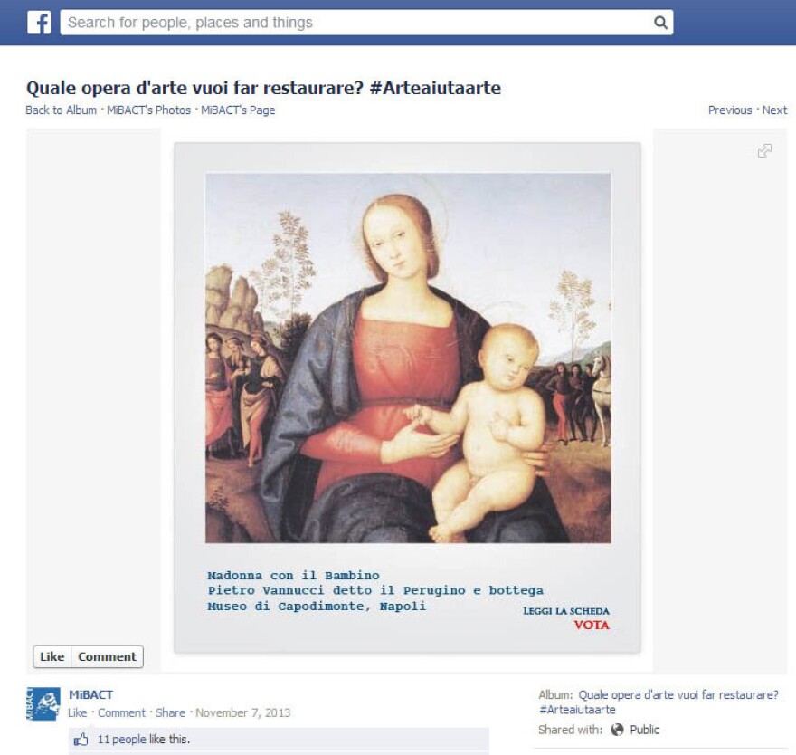 Pietro Perugino's painting of a Madonna and Child -- shown above in the context of its L'Arte Auita L'Arte <a href="https://www.facebook.com/photo.php?fbid=10151955465093711&set=a.10151955464393711.1073741881.171645503710&type=1&theater">campaign page</a> on Facebook — won the popular vote.