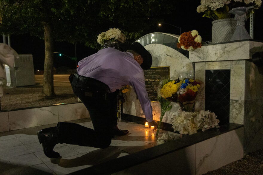 Mesa Mayor Mark Freeman pays tribute to Balbir Singh Sodhi at a vigil in his honor on Sept. 15, 2026.