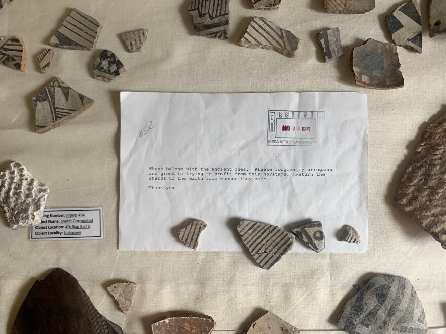 Potsherds that were once stolen from the Mesa Verde cliff dwellings have been returned to Mesa Verde. These artifacts are displayed in an exhibit in Chapin Mesa Archeological Museum.