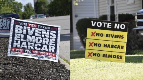 Yard signs at the Franklin County Board of Elections and along South Yearling Road in Whitehall tell voters to vote "Yes" and "No" in the Whitehall recall special election in June 2026. Voting "Yes" means Mayor Michael Bivens and City Council Members Lori Elmore and Amy Harcar keep their positions. Voting "No" means the three lose their seats.