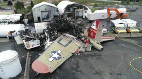 This photo, provided by the National Transportation Safety Board, shows damage from a World War II-era B-17 bomber plane that crashed on Oct. 2, 2019, at Bradley International Airport in Windsor Locks, Conn. 