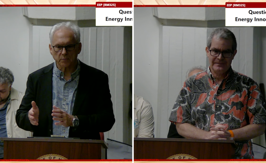 Chief Energy Officer Mark Glick, left, and grid policy expert Matthias Fripp appeared before the House Energy and Environmental Protection committee to discuss the Alternative Fuel, Repowering and Energy Transition Study on March 12, 2026.