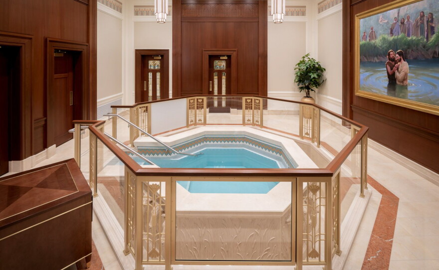 The baptismal font is a feature of the Wichita Kansas Temple of The Church of Jesus Christ of Latter-day Saints.