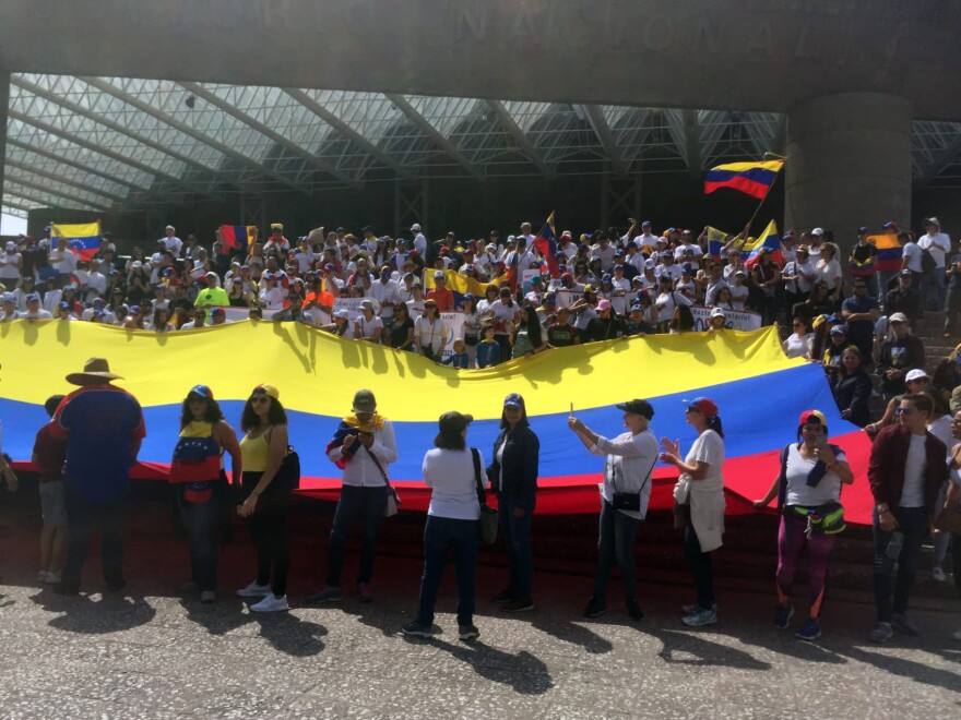 Hundreds march in Mexico City asking for Mexico's support in Venezuela's humanitarian crisis. (Rodrigo Cervantes/KJZZ)
