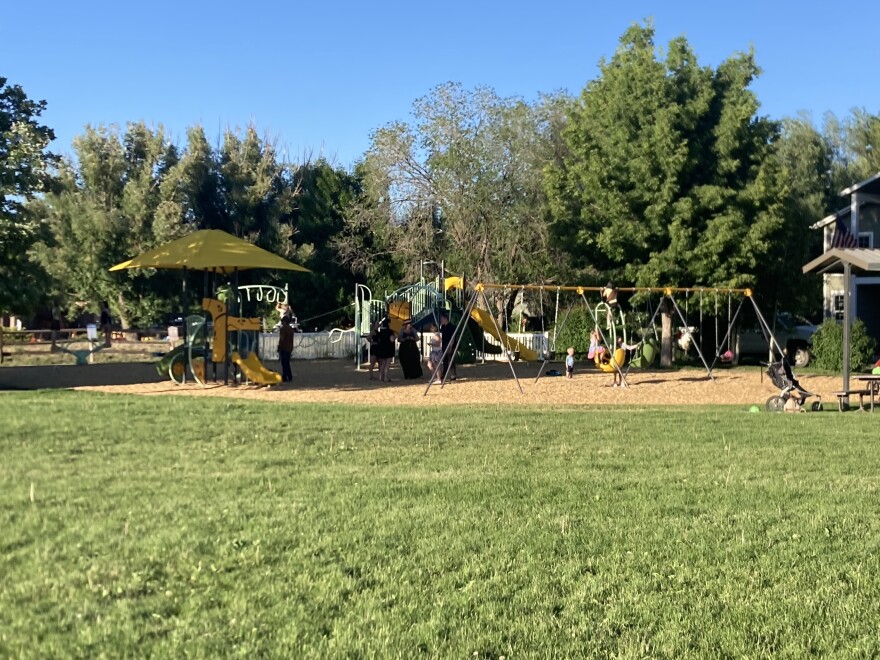 Kids and parents gather at a new playground at Hendrick’s Park in Carbondale on June 20, 2023. Girl Scout Troop 17082 helped the town’s Parks and Recreation Commission choose a final playground design in 2022.