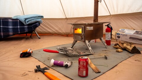 The wood stove inside of