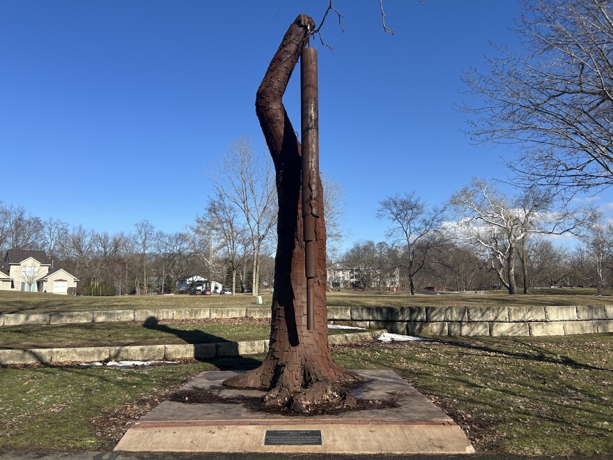 Woodwind: song of a silent forest by Mike Pline stands in Two Rivers Park in Portland.