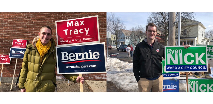 Two photos of Ward 2 candidates holding campaign signs.