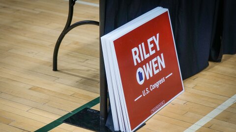 Signs for congressional candidate Riley Owen stacked up at the 2026 Utah GOP Nominating Convention at Utah Valley University in Orem, April 25, 2026. Owen secured the party’s nomination outright for the state’s new left-leaning 1st Congressional District and sees a path to victory despite the long odds.